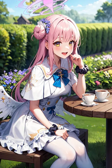 masterpiece, best quality, highres, aamika, halo, long hair, hair flower, angel wings, white wings, low wings, crescent, capelet, blue bow, frills, white dress, wrist scrunchie, white pantyhose, <lora:misono_mika_v1:0.7>, smile, open mouth, sitting, garden, table, cup, coffee