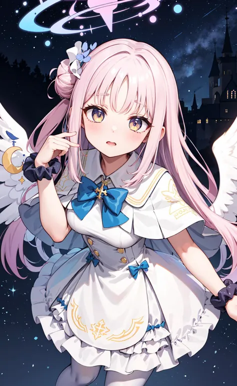 masterpiece, best quality, highres, aamika, halo, long hair, hair flower, angel wings, white wings, low wings, crescent, capelet, blue bow, frills, white dress, wrist scrunchie, white pantyhose, <lora:misono_mika_v1:0.7>, (starry sky), detailed sky, (huge castle), looking up,