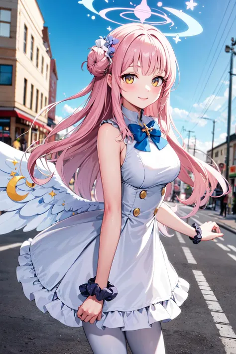 masterpiece, best quality, highres, aamika, halo, long hair, hair flower, angel wings, white wings, low wings, angel wings, crescent, sleeveless, blue bow, frills, white dress, wrist scrunchie, white pantyhose, <lora:misono_mika_v1:0.7>, smile, street, standing, cowboy shot, blue sky,