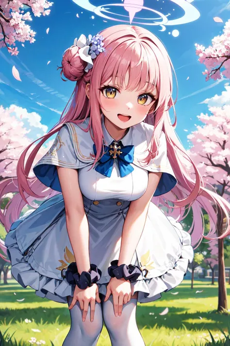 High resolution, ultra-detailed, ((((2D))), Japan person, 1 girl, 16-year-old high school girl, (((pink hair)), intricate and beautiful braided hairstyle, pink school uniform, uniform by designer, short sleeves, (bob hair), dull bangs, finely detailed eyes, golden ratio face, 8 lifents, sunlight, complex iridescent light grains, complex light reflection, beautiful petal shower, background blue sky, transparency, hidden beauty, Smile, deep description, whole body, full of energy, looking at the viewer, fantastic description, complex attraction, tenderness overflowing from within, neon, beautiful fine petals or dancing, little skin exposure, dynamism,