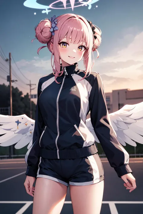 masterpiece, best quality, highres, bbmika, halo, double bun, hair flower, sidelocks, angel wings, white wings, low wings, crescent, track jacket, black jacket, long sleeves, short shorts, <lora:misono_mika_v1:0.7>, standing, cowboy shot, smile, outdoors