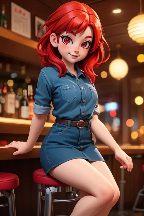 1girl, blurry, blurry background, blurry foreground, bokeh,bottle, lights, depth of field,  lantern, red eyes, red hair, solo, indoors, looking at viewer, sitting, bar stool, pose, happy, 
masterpiece, best quality,   <lora:TOHNER_55_fp16:0.5> tohdraws