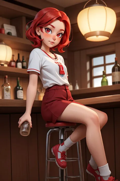 1girl, blurry, blurry background, blurry foreground, bokeh,bottle, lights, depth of field,  lantern, red eyes, red hair, solo, indoors, looking at viewer, sitting, bar stool, pose
masterpiece, best quality,   <lora:TOHNER_55_fp16:0.5> tohdraws