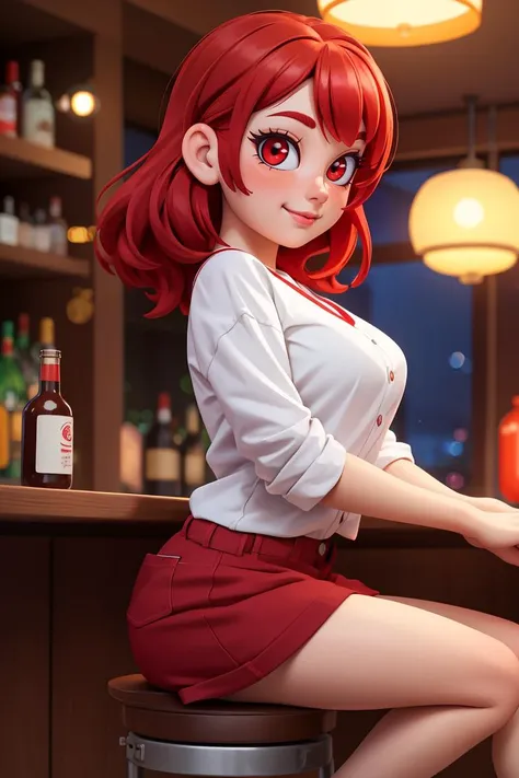 1girl, blurry, blurry background, blurry foreground, bokeh,bottle, lights, depth of field,  lantern, red eyes, red hair, solo, indoors, looking at viewer, sitting, bar stool, pose, happy, 
masterpiece, best quality,   <lora:TOHNER_55_fp16:0.5> tohdraws