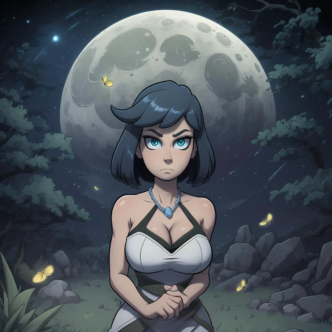 best quality, high resolution, (tohdraws:1.1), large breasts, (1girl, solo:1.1), serious face, detailed eyes, looking at viewer, night, moonlight, starry sky, grass meadows, fireflies, pebbles
<lora:tohdrawsStyle_v1:1>