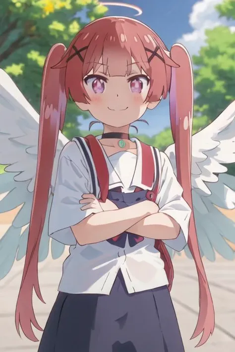 best quality, masterpiece, highres, solo, {koyori_tanemura_watashinitenshigamaiorita:1.15}, bangs, blush, long_hair, hair_ornament, x_hair_ornament, twintails, purple_eyes, red_hair, closed_mouth, smile, brown_hair, indoors, very_long_hair, 1girl, choker, green_choker, upper_body, white_wings, wings, angel_wings, collarbone, halo, shirt, white_shirt, angel, blurry, day, fang, feathered_wings, looking_at_viewer, outdoors, :d, blurry_background, open_mouth, sky, blue_sky, cloud