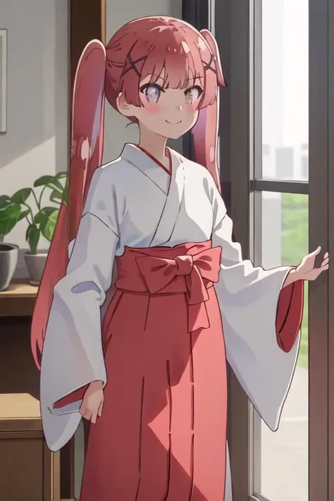 best quality, masterpiece, highres, solo, {white kimono:1.35}, {red hakama:1.35}, {wide sleeves:1.20}, {koyori_tanemura_watashinitenshigamaiorita:1.15}, bangs, blush, long_hair, hair_ornament, x_hair_ornament, twintails, purple_eyes, red_hair, closed_mouth, smile, brown_hair, indoors, very_long_hair
