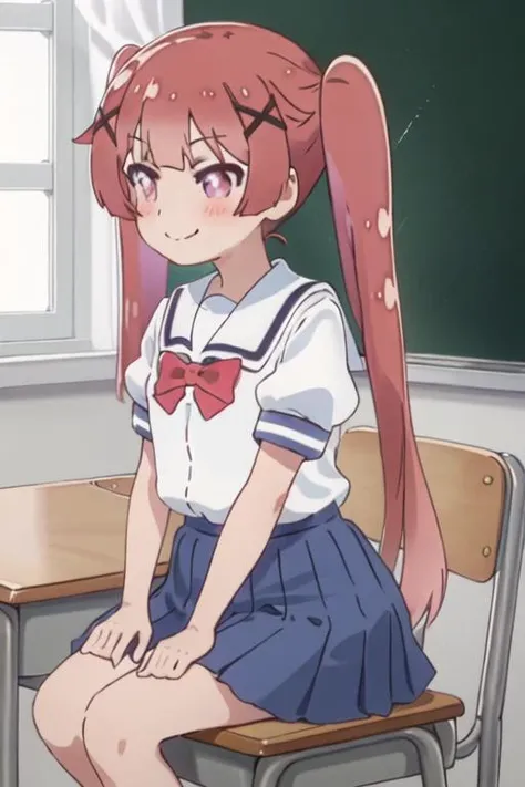 best quality, masterpiece, highres, solo, {koyori_tanemura_watashinitenshigamaiorita:1.15}, bangs, blush, long_hair, hair_ornament, x_hair_ornament, twintails, purple_eyes, red_hair, closed_mouth, smile, brown_hair, indoors, very_long_hair, blue_skirt, bow, multiple_girls, puffy_short_sleeves, puffy_sleeves, red_bow, school_uniform, shirt, short_sleeves, skirt, solo_focus, white_shirt, desk, pleated_skirt, sailor_collar, school_desk, 2girls, school_chair