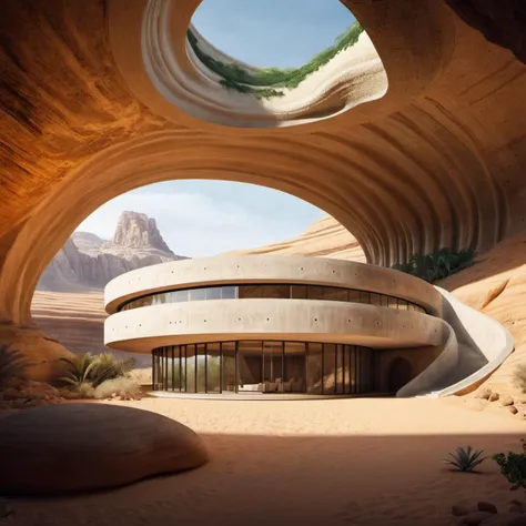 concept art of a curve round fair-faced concrete building inside a cave, in the desert-jungle biome <lora:SLfairfacedconcreteXL_V1.0:1> . digital artwork, illustrative, painterly, matte painting, highly detailed