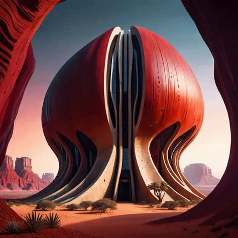 concept art of a melted curved round fair-faced concrete building inside a dark red cave, in the desert-jungle biome, (evening sky:1.3) <lora:SLfairfacedconcreteXL_V1.0:1> . digital artwork, illustrative, highly detailed, cyberpunk style, hight contrast