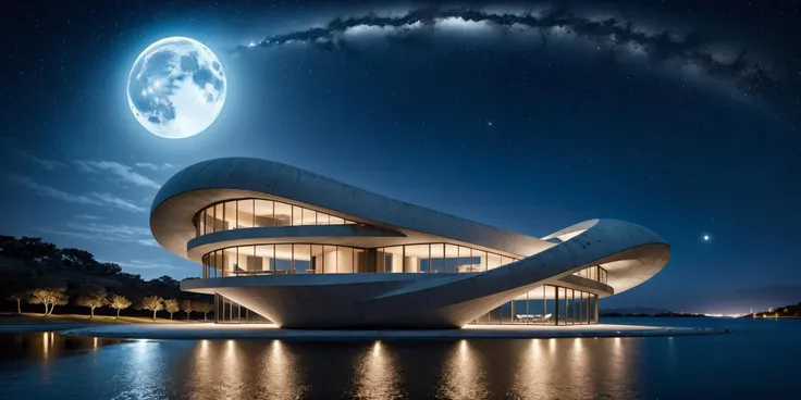 a building,shape of the mobius ringbare,faced concrete,raw concrete,window,water,night,sky,light,stars,moon,Volumetric Lighting,incredibly absurdres,wallpaper,<lora:rawconcreteXL:1>,