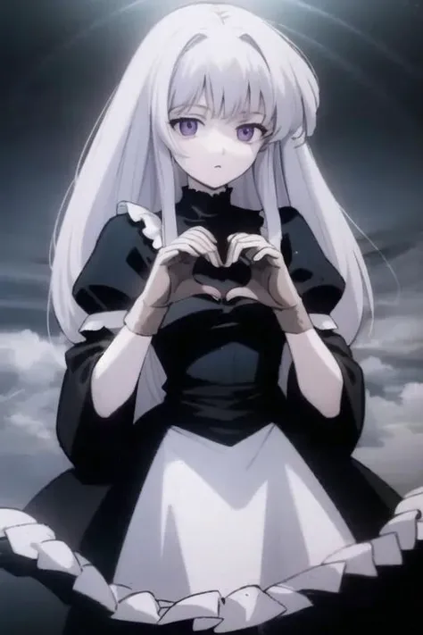 <lora:sdxl_lightning_2step_lora:0.5>score_9, score_8_up, score_7_up,score_6_up,
1girl, solo, bangs, purple_eyes, (cinematic, atmospheric:1.3), long white hair, looking_at_viewer, heart hands, own hands together, solo, upper_body, GothGal, dress, frills, 1980s \(style\), <lora:90sv3.0R:0.6>