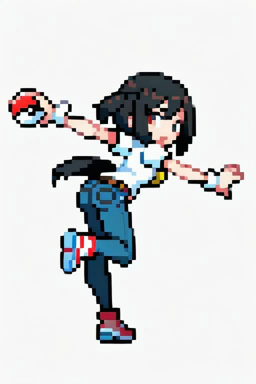 1girl, masterpiece, best quality, clean , colorful, full body, outline:1.2, pokeball, white background, chibi:1.2, chubby:0.1, lean forward, jeans, from behind, pokemon trainer, turning, throw, throw pokeball, spread arms,