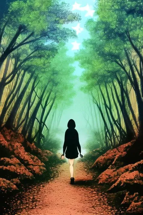 lonely girl walking in the rain, hood, jungle, fog, star on the sky,