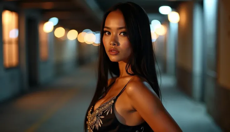 A 35-year-old Filipina woman with brown skin and sleek, straight black hair stands confidently in an urban, industrial environment. She wears a tailored black satin dress with intricate gold embroidery, highlighting her figure without being overly revealing. Her look is strong and captivating, with soft makeup that complements her natural beauty. The setting features blurred city lights in the background, with soft backlighting casting a warm glow over her silhouette. She poses with grace, her eyes focused directly on the camera, exuding poise and strength.