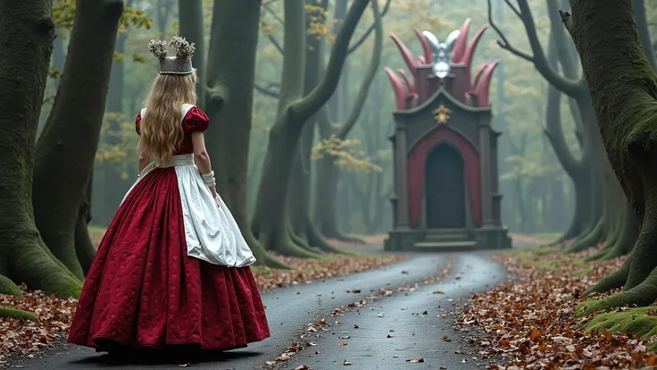 alice from alice in wonderland on her way to see the queen of hearts in the style of beksinki and giger