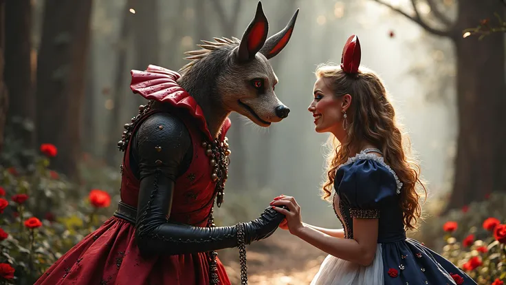 alice from alice in wonderland on her way to see the queen of hearts in the style of beksinki and giger