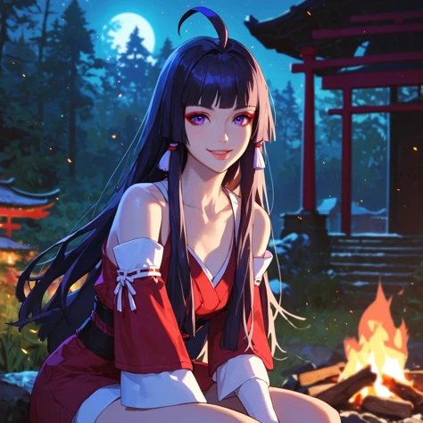 score_9, score_8_up, score_7_up, 1girl, black hair, long hair hime cut, ahoge, purple eyes, red eyeshadow, lips, smile, bare shoulders, collarbone, detached sleeves, red kimono, outdoors, night, sitting, campfire, abandoned shrine temple, forest,