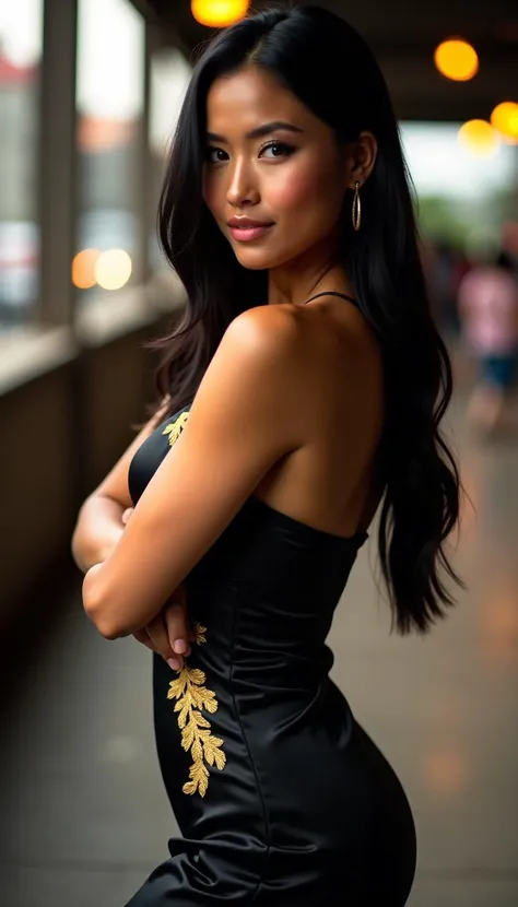 A 35-year-old Filipina woman with brown skin and sleek, straight black hair stands confidently in an urban, industrial environment. She wears a tailored black satin dress with intricate gold embroidery, highlighting her figure without being overly revealing. Her look is strong and captivating, with soft makeup that complements her natural beauty. The setting features blurred city lights in the background, with soft backlighting casting a warm glow over her silhouette. She poses with grace, her eyes focused directly on the camera, exuding poise and strength.