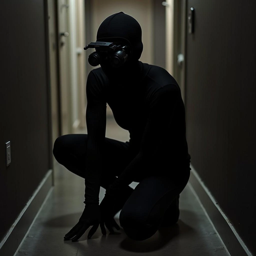Indoors, night, Low light, no natural light, a college girl, Hack Forums scrapped posted to WhatsApp r/me_irl Shot on iPhone photo of, (((sweat black bodysuit))), balaclava mask, wear night vision goggles, (((crouching))), (((one knee down))),