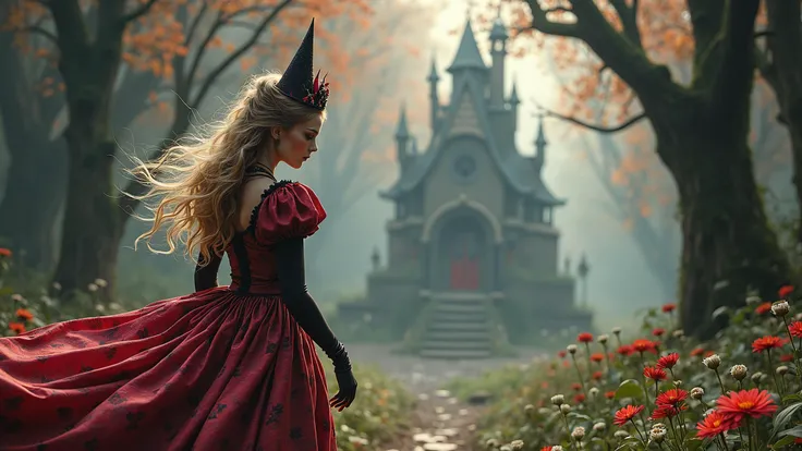 alice from alice in wonderland on her way to see the queen of hearts in the style of beksinki and giger