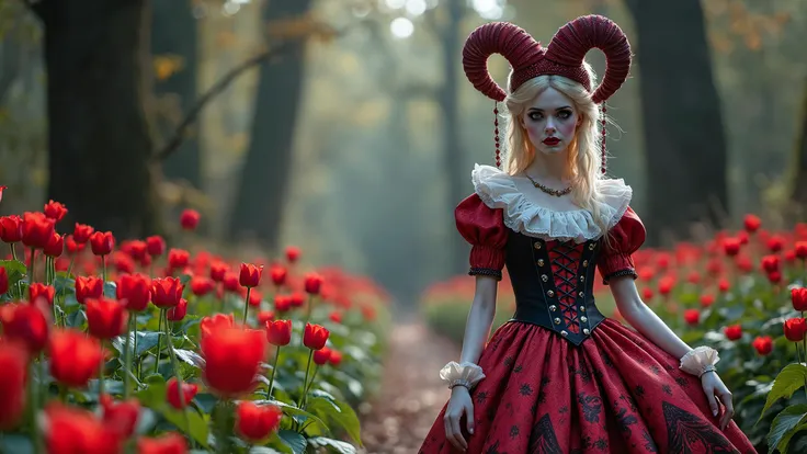 alice from alice in wonderland on her way to see the queen of hearts in the style of beksinki and giger
