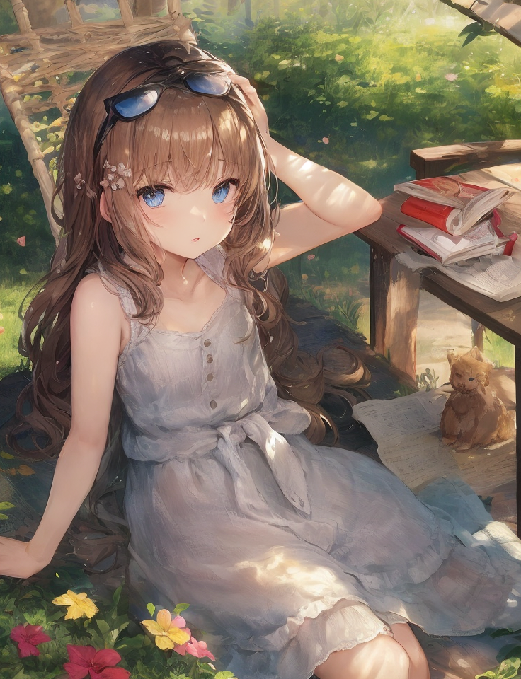 Anime girl sitting on the ground with a cat and a book - SeaArt AI