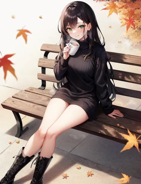 A 18 years old girl from Bucharest, with striking green eyes, high cheekbones, and long brunette hair styled in loose waves. She's sitting alone on a park bench, surrounded by the vibrant colors of autumn leaves, wearing a cozy red and black striped sweater, holding a steaming cup of coffee, with a hint of a smile on her lips. Her long legs are crossed, revealing boots, and a golden watch on her left hand, her nails painted red.