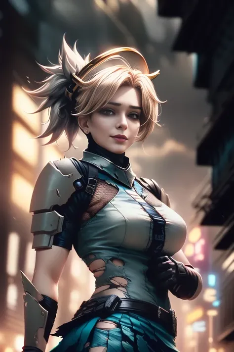 dark night scene, best quality, 1girl, (upper body:1.2), digital illustration, beautiful shapely corneo_mercy, (ragged and (torn short_black_skirt:1.2) and tactical gear:1.3), standing in the dark, (dynamic pose), (beautiful face with scratches), (soft skin color), (deep blue eyes), (athletic:1.3), (wide hips:1.1), (thick thighs:1.1), (night city in detailed background:1.3), (nixeu_white:0.7), (nixeu_extra:0.7), dark aesthetic, (medium size boobs:0.8), heavy breathing, (happy smirk), (horror atmosphere), \(overwatch\), film grain, lens distortion, (chromatic aberration), erotic, (muscular:0.7), torn tights, (elbow protection pad), (lips) <hypernet:sxzBloom_:1>