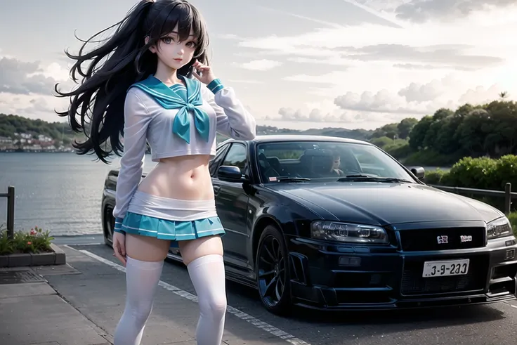 ((masterpiece, best quality)),extremely_detailed_wallpaper, illustration,1girl,(girl:1),standing, solo, (fullbody),(((girl stand in front of car))), ((blue)),sidelocks, aqua eyes, bangs, hair between eyes, looking at viewer, long sleeves,bright,beautiful detailed sky,light,ocean,(((seaside))),(((aqua water))),outdoors, black sailor collar, black serafuku, long hair, black hair, black thighhighs, Pleated skirt,  <lora:skylineR34-000014:0.9>