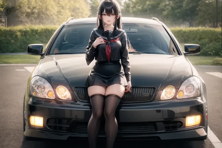 ((masterpiece, best quality)),extremely_detailed_wallpaper, illustration,1girl,(girl:1),standing, solo, (fullbody),(((girl stand in front of car))), de,sidelocks, aqua eyes, bangs, hair between eyes, looking at viewer, long sleeves,bright,beautiful detailed sky,light,spring,stream,seaside,aqua water,green trees,outdoors, black sailor collar, black serafuku, long hair, black hair, black thighhighs, Pleated skirt,  <lora:AristoV300-000008:0.9>