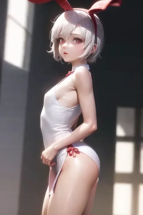 absurdres, (cute female with short white hair), cute cheek, bunny ears, small breasts, (red chinese qipao ),extremely detailed, volumetric lighting, realistic, realistic lighting, 8k, cinematic lighting, depth of field, perfect, hyper-detailed, photorealistic, ultra realistic, realistic light, hard lighting, intricate details, stop motion, tonemapping, sharp focus, hyper detailed, detailed red eyes,detailed Hand