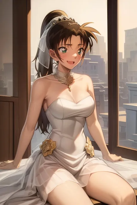 ((masterpiece)), (8k, high_resolution), ((distinct_image)),((1girl, solo)) ,extremely detailed CG, ((best quality)), (meitantei conan \(style\), detecive conan \(style\), meitantei conan), solo, beautiful eyes and detailed face,(medium breasts), ((1girl, solo)), (cowboy shot), ((detailed wedding dress, white wedding dress, tiara:1.2)), (blush, happy, smile, laughing:1.1), ((ponytail)), <lora:kazuha-015:1>