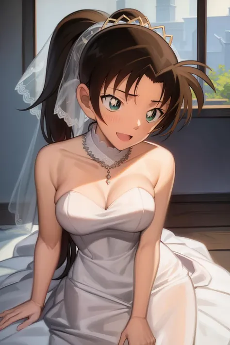 ((masterpiece)), (8k, high_resolution), ((distinct_image)),((1girl, solo)) ,extremely detailed CG, ((best quality)), (meitantei conan \(style\), detecive conan \(style\), meitantei conan), solo, beautiful eyes and detailed face,(medium breasts), ((1girl, solo)), ((detailed wedding dress, tiara:1.3)), (blush, happy, smile, laughing:1), ((ponytail)), <lora:kazuha-015:1>