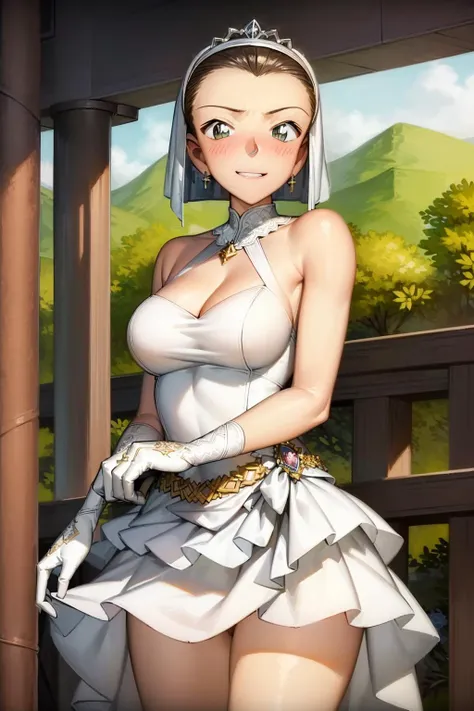((masterpiece)), (8k, high_resolution), ((distinct_image)),((1girl, solo)) ,extremely detailed CG, ((best quality)), (meitantei conan \(style\), detecive conan \(style\), meitantei conan), solo, beautiful eyes and detailed face, (cowboy shot) ,((1girl, solo)), (cowboy shot), ((short hair, hair band, forehead)), ((detailed wedding dress, white wedding dress, tiara:1.2)), (blush, smile), <lora:sonoko-22:0.88>