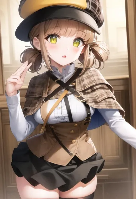 beautiful lighting, best quality, masterpiece, detailed background, shining skin, shining body, shiny skin, dynamic angle, (mid shot:1.2), bewitching hips, 1 girl, nikkenovel, deerstalker, plaid capelet, white shirt, black skirt, black thighhighs, <lora:novel-nvwls-v1-final:0.8>