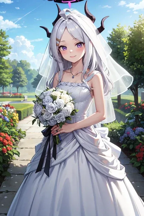 masterpiece,best quality,highres,ultra-detailed,aahina,halo,horns,long hair,ahoge,sidelocks,parted bangs,hairclip,<lora:hina_(blue_archive):0.9>,(wedding dress:1.2),white dress,(veil:1.2),garden,smile,outdoors,standing,cowboy shot,holding bouquet,