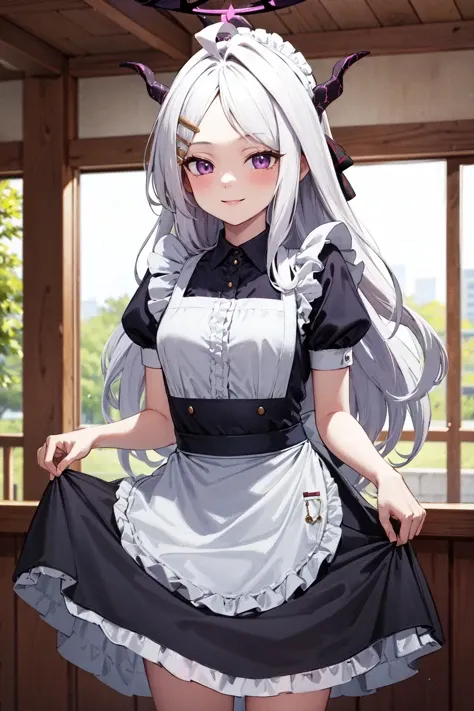 masterpiece,best quality,highres,ultra-detailed,aahina,halo,horns,long hair,ahoge,sidelocks,parted bangs,hairclip,<lora:hina_(blue_archive):0.9>,indoors,cafe,maid,maid headdress,apron,(skirt hold:1.2),standing,cowboy shot,smile,