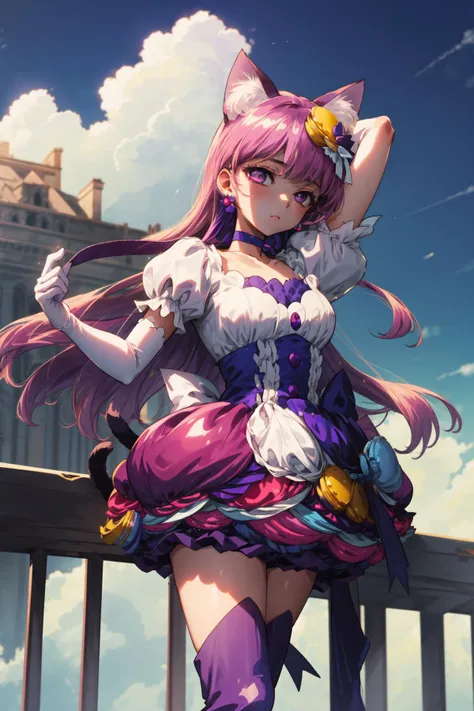 masterpiece,best quality,1girl,cure macaron,cat ears,purple thigh boots,macaron hair ornament,puffy short sleeves,elbow gloves,purple choker,expressionless,(half-closed eyes:0.75),standing,elegant,blue sky,<lora:locon_cure_macaron_1:0.95>,