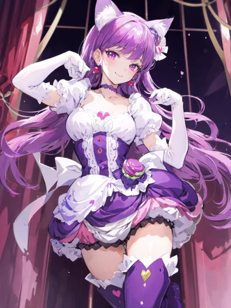 masterpiece, best quality, looking_at_viewer, depth_of_field, 
1girl, <lora:locon_cure_macaron:0.9>, cure macaron, cat ears, purple thigh boots, macaron hair ornament, puffy short sleeves, elbow gloves, purple choker, 
upper body, smile,