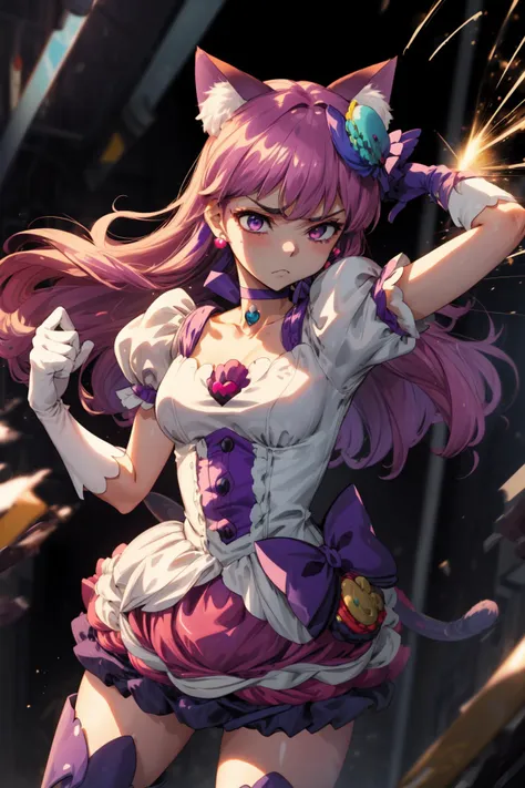 masterpiece,best quality,1girl,cure macaron,cat ears,purple thigh boots,macaron hair ornament,puffy short sleeves,elbow gloves,purple choker,expressionless,(half-closed eyes:0.8),(frown),fighting stance,action pose,attack,motion lines,motion blur,blast wave,cowboy shot,<lora:locon_cure_macaron_1:0.95>,