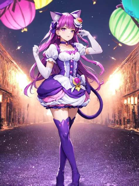 masterpiece, best quality, looking_at_viewer, depth_of_field, 
1girl, <lora:locon_cure_macaron:0.9>, cure macaron, cat ears, purple thigh boots, macaron hair ornament, puffy short sleeves, elbow gloves, 
standing, full body,