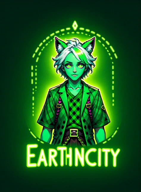 (((Earthnicity) text logo, green, white, 80s, metallic)), genderless,  Man in a green cybergoth costume,  fox ears,  braids,  gradient hair,  two tone hair,  white hair,  green hair,  santa hat,  neon green plaid kilt,  christmas theme, Rembrandt lighting, teamgreenstyle,   text logo <lora:TeamGreenSDXL:0.5>  <lora:Harrlogos_v1.1:1>