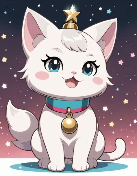 Puppycat, masterpiece, best quality, cat, no humans, solo, animal focus, bell, fangs, neck bell, open mouth, paws up, kneeling , yelling, flat colors, jingle bell, collar, chibi ,