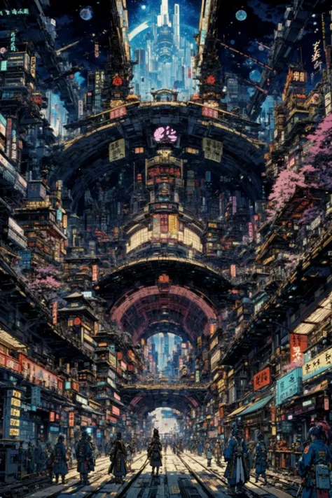 kyotopunk, medieval japan, fantasy, Historic train station concourse in a amazing,solemn scifi cosmic megacity outside of time, masterpiece<lora:EnvyKyotopunkXL01:0.7><lora:EnvyBetterHiresFixXL01:0:hr=1>