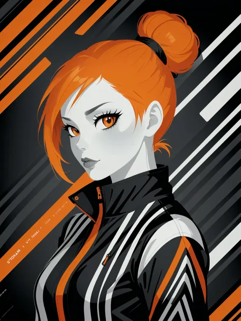 poster by tom whalen, digital art, upper body portrait photo of a sexy girl with orange single bun hair, dressed in striped techwear jacket and leggins, (black and white:1.2), striped background <lora:Tom_Whalen_SDXL:1>