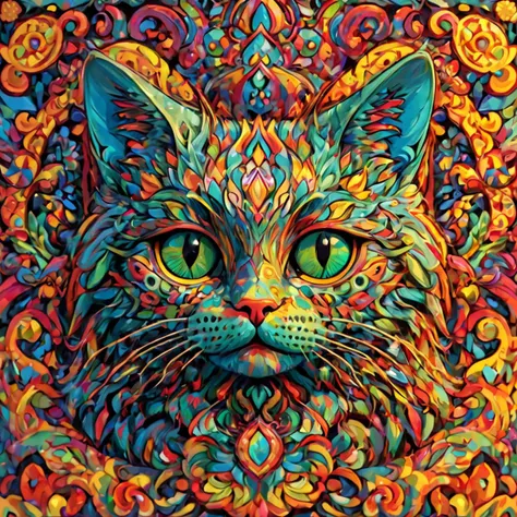 3d render of cat in the style of Louis Wain, add detail, very colorful