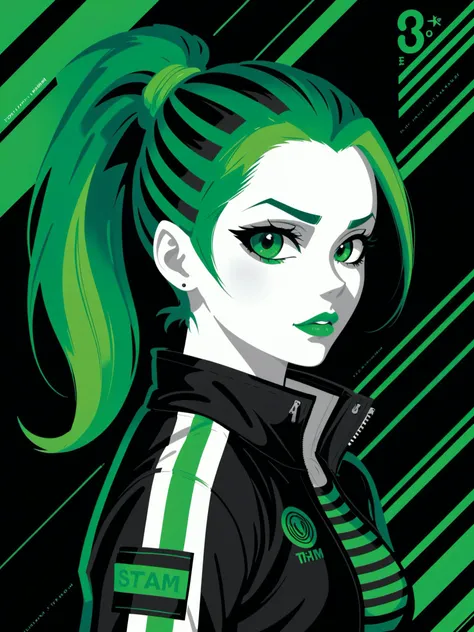 poster by tom whalen, digital art, upper body photo of a sexy girl with green ponytail hair, dressed in striped techwear jacket and leggins, black and white, striped background <lora:Tom_Whalen_SDXL:1>