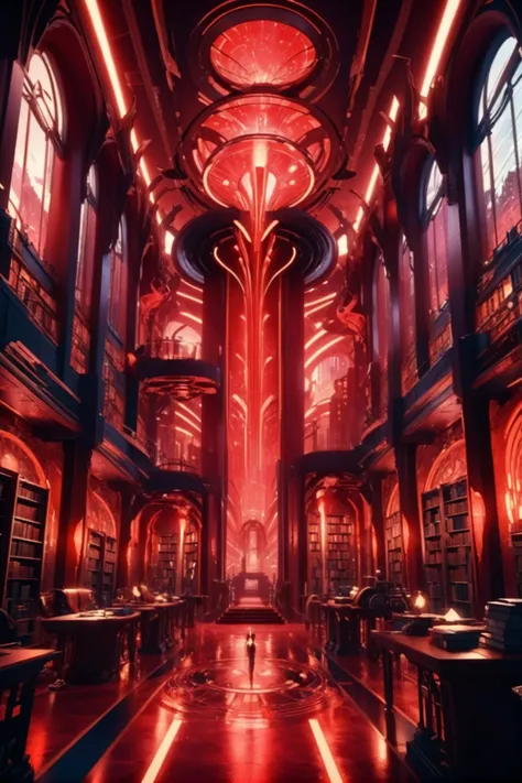 fantasy art deco, cinematic color grading, scifi, Old library in a epic,utopian glowing crimson scifi megacity at the beginning of reality, masterpiece<lora:EnvyFantasyArtDecoXL01:0.5><lora:EnvyBetterHiresFixXL01:0:hr=1>