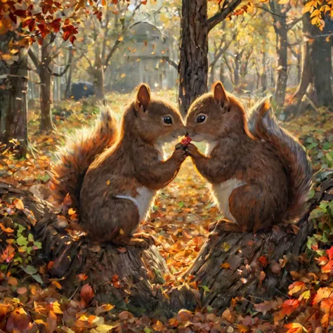 Squirrels sharing a heart-shaped nut, oak tree nook, (f_stop 2.0), (focal_length 85mm), bushy tails, sparkling eyes, hidden retreat, playful games, autumn leaves, tender moments, joyous discovery, cozy snuggles, whimsical love